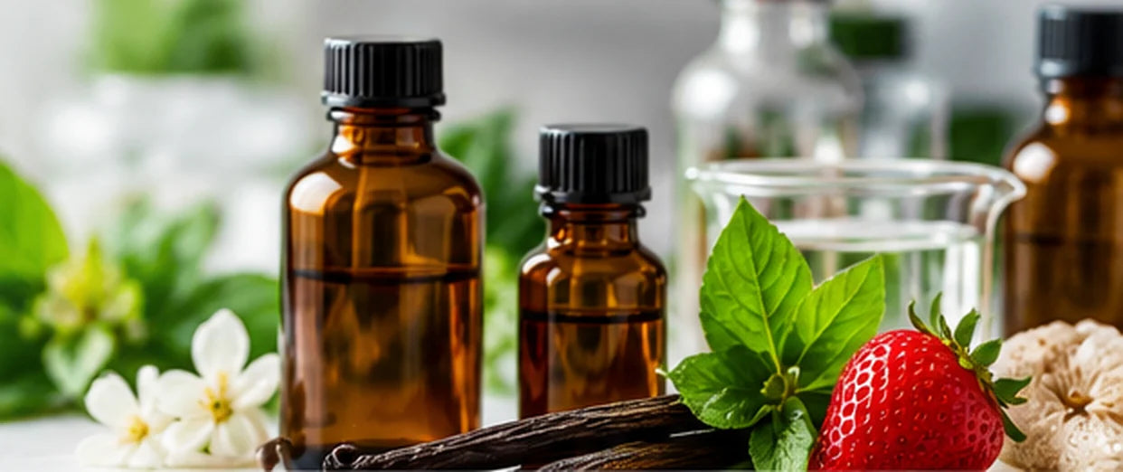 Fruit, vanilla and bottles of concentrated flavouring